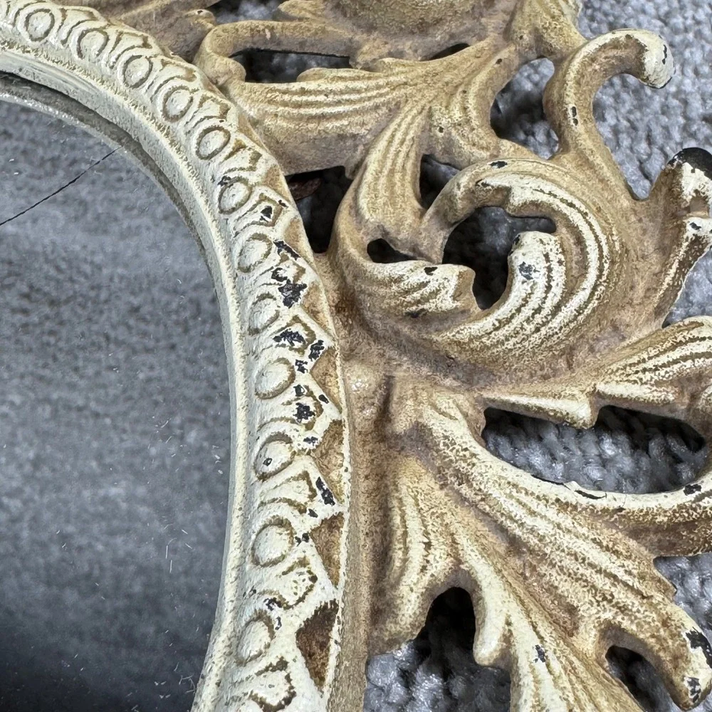 Wilton Vanity Mirror Cream Ornate Rococo Cast Metal Tabletop Easel 12.5